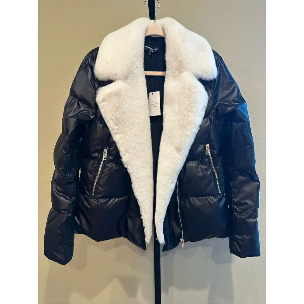 Generation Love Avila Faux Fur Puffer Jacket in Black/White Size M
